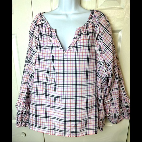 J.CREW Plaid Ruffle Trim Peasant Top Blouse Shirt Ivory Pink Blue Eyelet Light - Picture 2 of 13